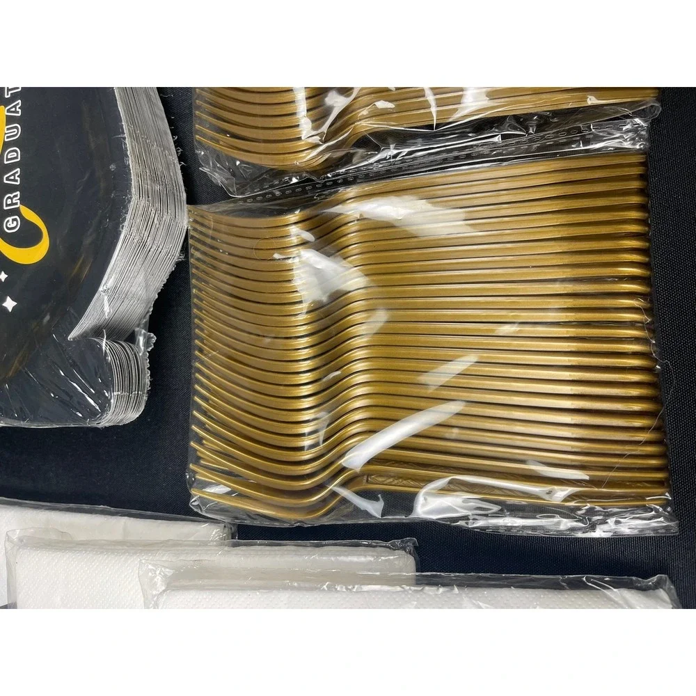 Graduation Party Supplies Set Congrats Grad Star Plates Napkins Gold Forks Black